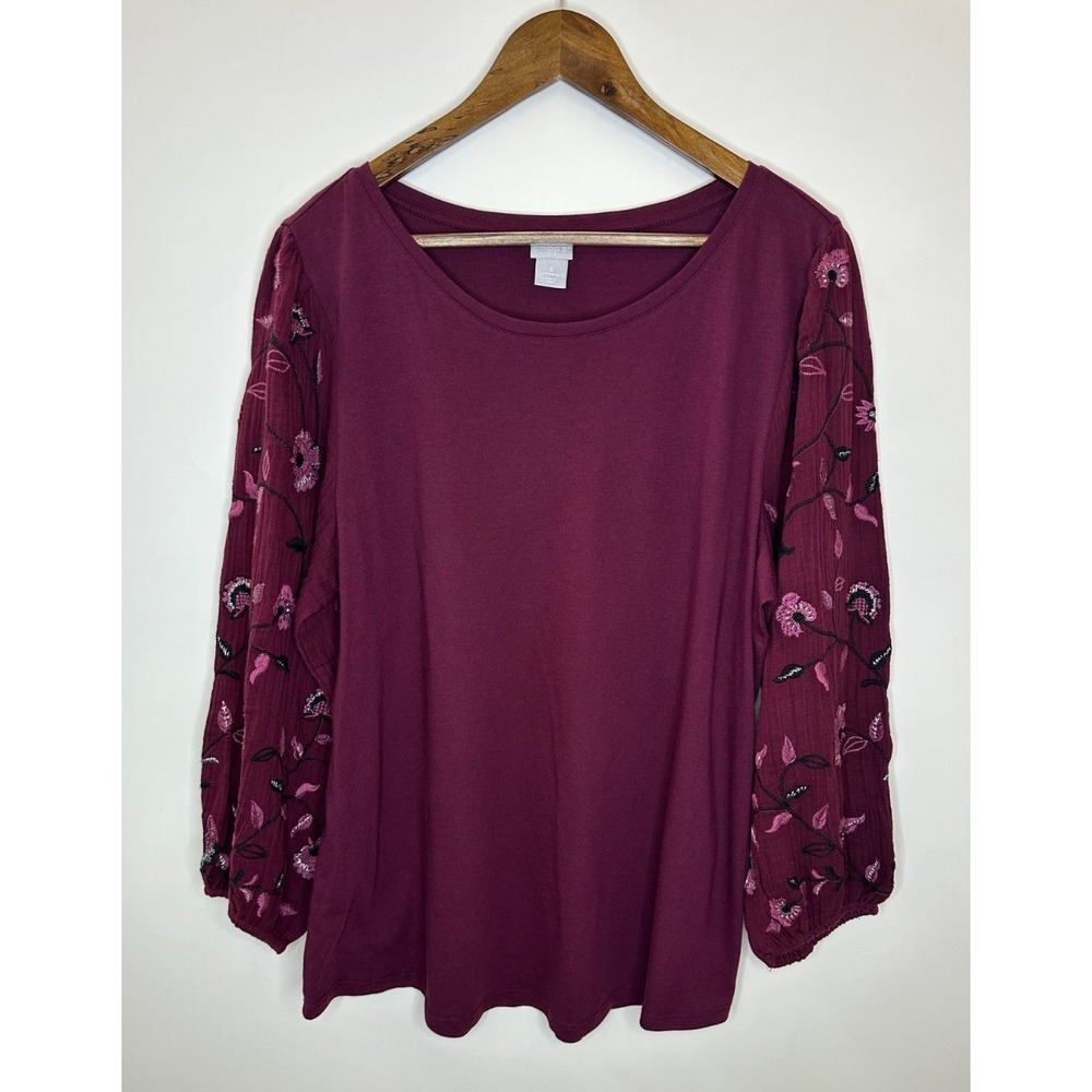 Chico's Embroidered Floral Balloon Sleeve Knit Top Women's Size 3 16 XL Burgundy - Picture 9 of 9